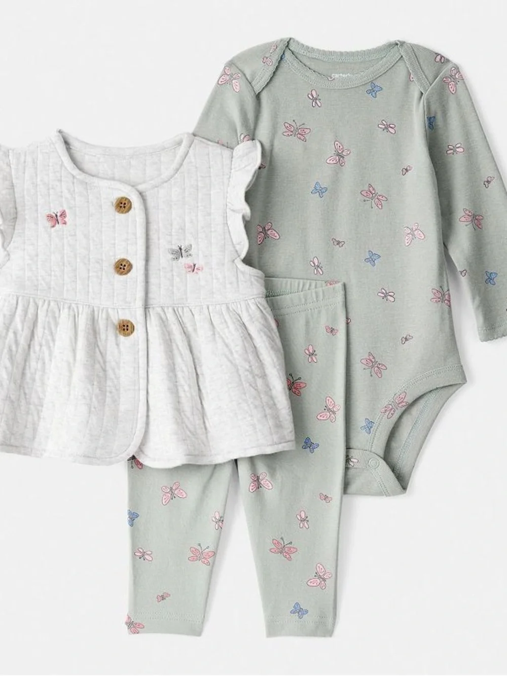 Carter's Sage Green, Light Gray & Pink Butterfly 3-Piece Matching Set